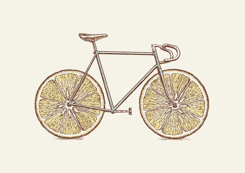Ein Fahrrad mit Grapefruitscheiben als Räder.