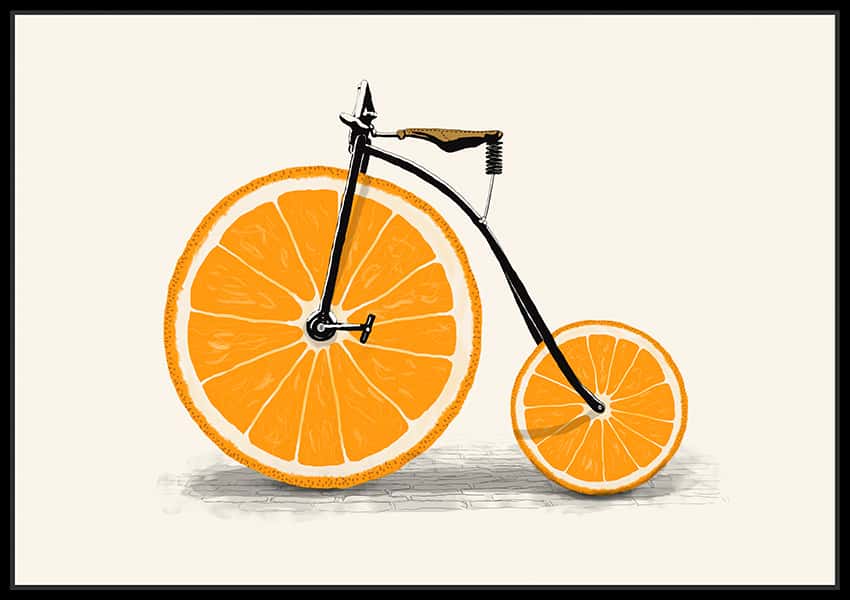 Ein Fahrrad mit Orangenscheiben als Räder in einem schwarzen Schattenfugenrahmen