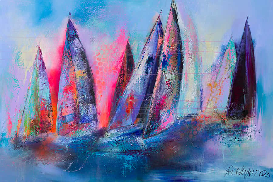 In Blau und lila gemalte Segelboote welche auf dem Wasser schwimmen