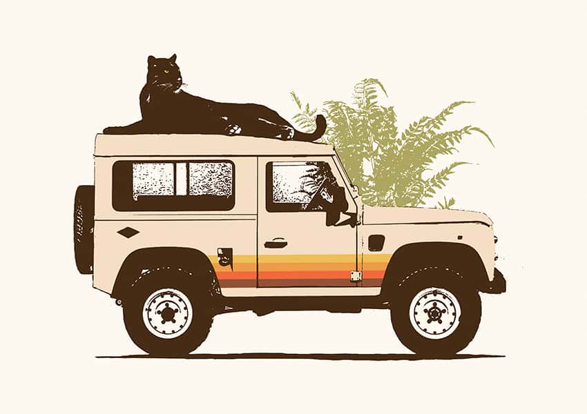 Ein schwarzer Panther liegt auf einem Safari Bus.