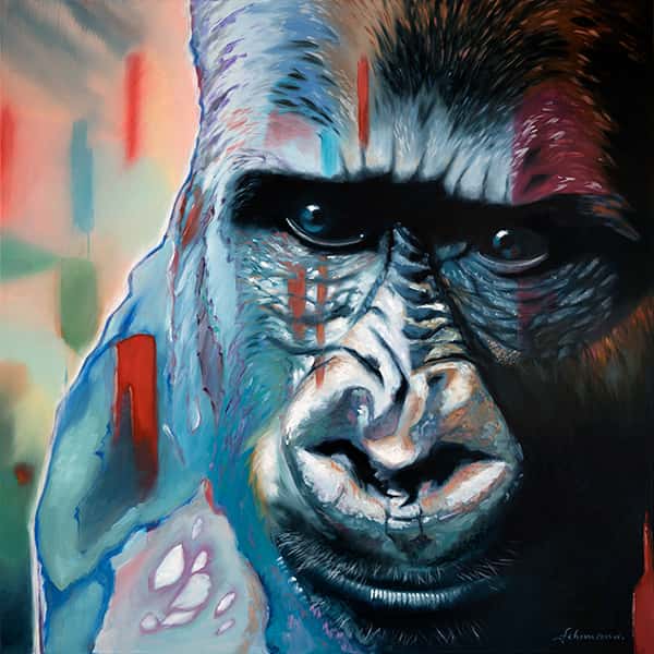 Ein digital nachbearbeitetes Porträt eines nachdenklichen Gorillas