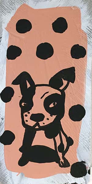 Eine abstrakte Malerei von einem Hund mit Flecken am Körper