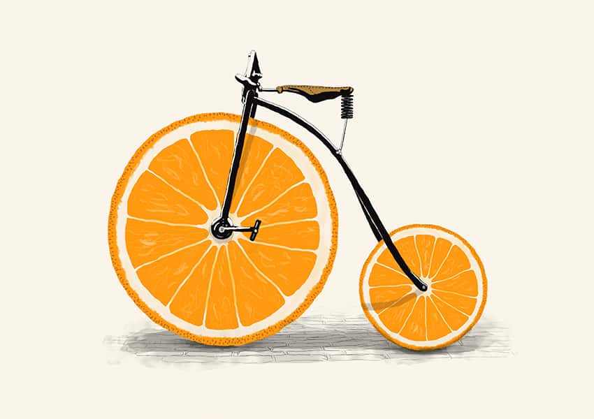 Ein Fahrrad mit Orangenscheiben als Räder.